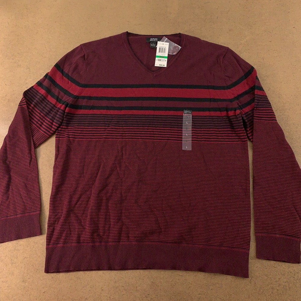 Alfani Men's Size Large Regular Fit Raisin Striped V Neck Pullover Sweater NWT